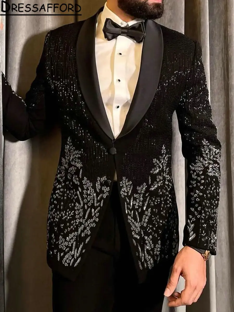 

Black Crystal Beading Men Suits Two Pieces Sequined Man Blazer(Jacket+Pants)
