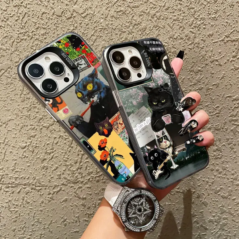 Neue süße schwarze Katze Grafik Montage Laser Handyhülle für iPhone 17 15 16 Pro Max Plus 14 13 12 Mini 11 Pro Max stoßfeste Abdeckung – Detail 12