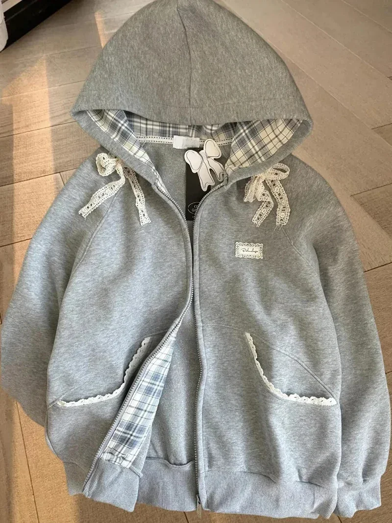 Korean Style Gray Lace Patchwork Hoodies Women Cute Bow Long Sleeve Sweatshirt Japan Sweet Loose Long Sleeve Female Outwear