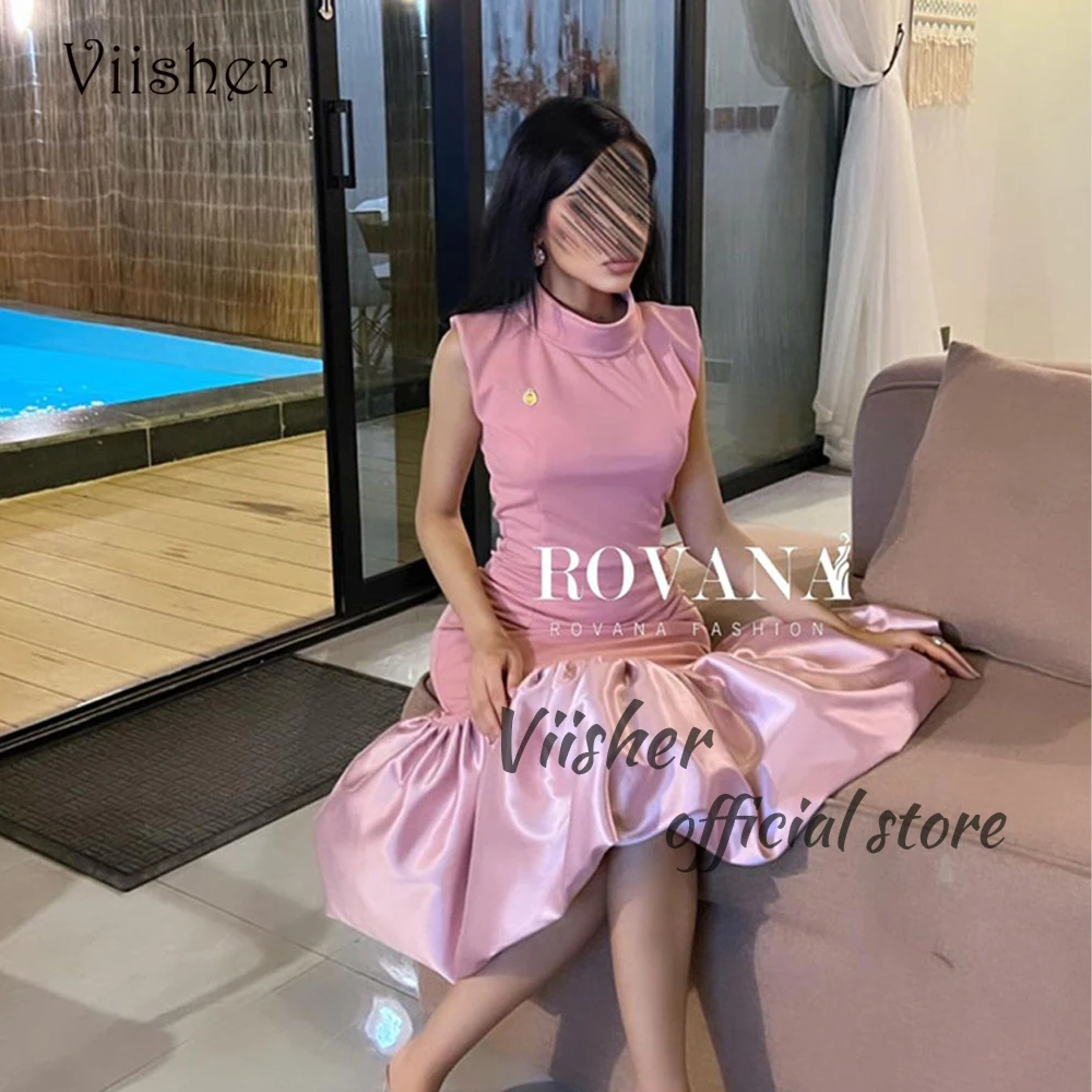 

Pink Mermaid Evening Dresses Sleeveless High Neck Arabian Dubai Formal Prom Dress Tea Length Wedding Party Gown Zipper Back