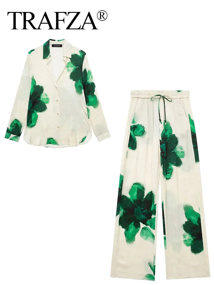 TRAFZA Floral Print Pant Sets For Women Casual Button Long Sleeve Shirt Drawstring Straight Trousers Elegant Woman Outfit TRAF