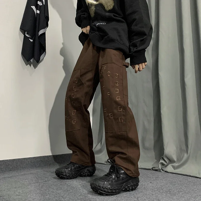 American Retro Brown Overalls Baggy Pants Men's High Street Slightly Flared Casual Trousers harajuku loose jumpsuit women s kawaii casual wide leg overalls korean fashion pants retro soft girl y2k street pants sweatpants