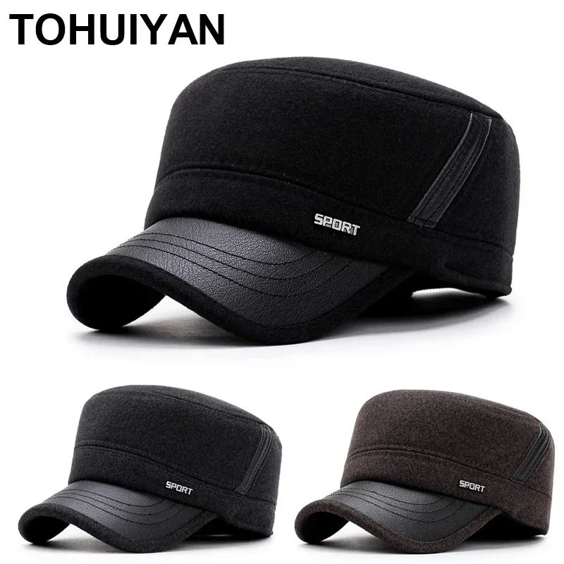 TOHUIYAN Classic Woolen Military Hat Vintage Flat Top Caps Winter Warm Earflap Hat Men Army Cap Fashion Adjustable Cadet Hats