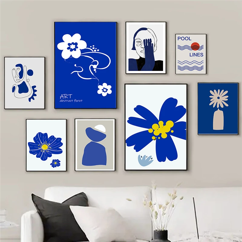 

Настенный постер Klein Blue Matisse с абстрактными линиями, скандинавский настенный художественный принт с обнаженными листьями, декор для гостиной и дома