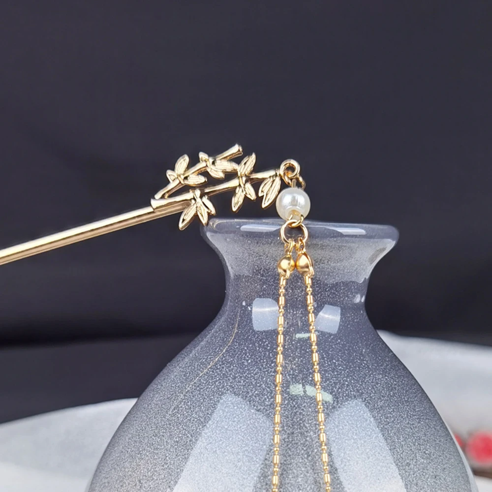 Chinese Hairpins For Women Vintage Bamboo Pearl Hair Sticks Fairy Tassel Golden Retro Hanfu Hair Accessories