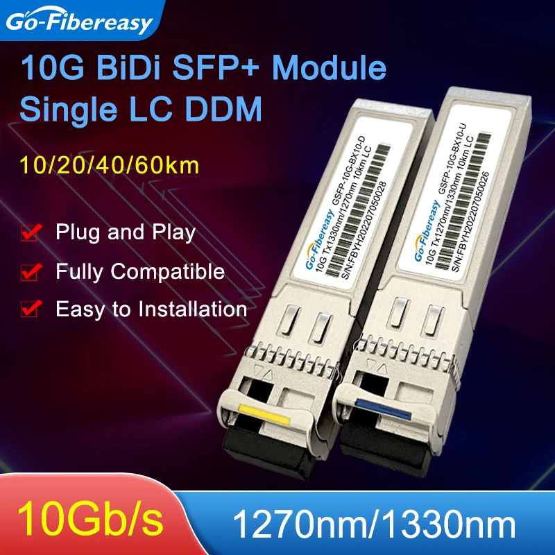 SFP 10Gb BiDi SFP Transceiver Module 10Gbase-BX Tx1270/Rx1330nm 10km,20km/40/60km LC WDM SFP+ Optical Module For Mikrotik/Huawei модуль оптический future technologies ft sfp wdm lr 20 a d модуль оптический ft sfp wdm lr 20 a d 10g tx1270 rx1330nm 20km ddm