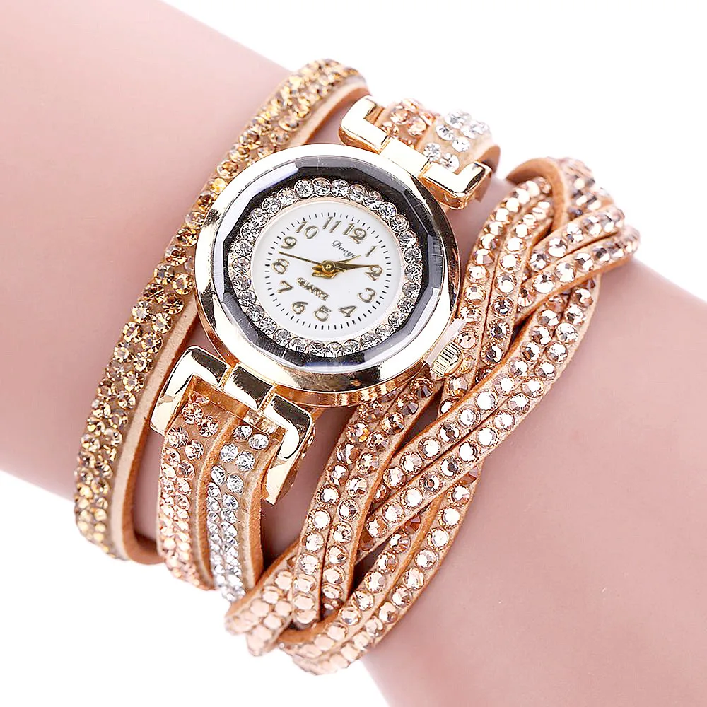 

Ladies Wristwatch Relogio Feminino Gift Fashion Casual Gold Quartz Women Rhinestone Watch Braided Leather Bracelet Watch Gift