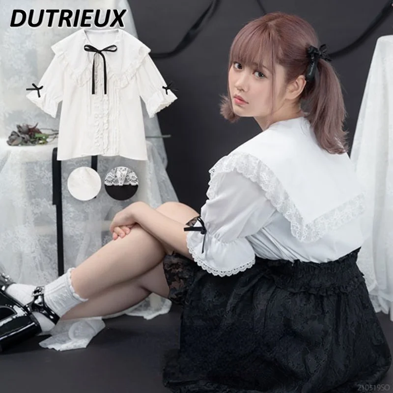 

Sweet Cute Girls Lace Ribbon Bow Tops Customized Japanese Style Lolita Sailor Collar Puff Short Sleeve Shirt for Women Camisas