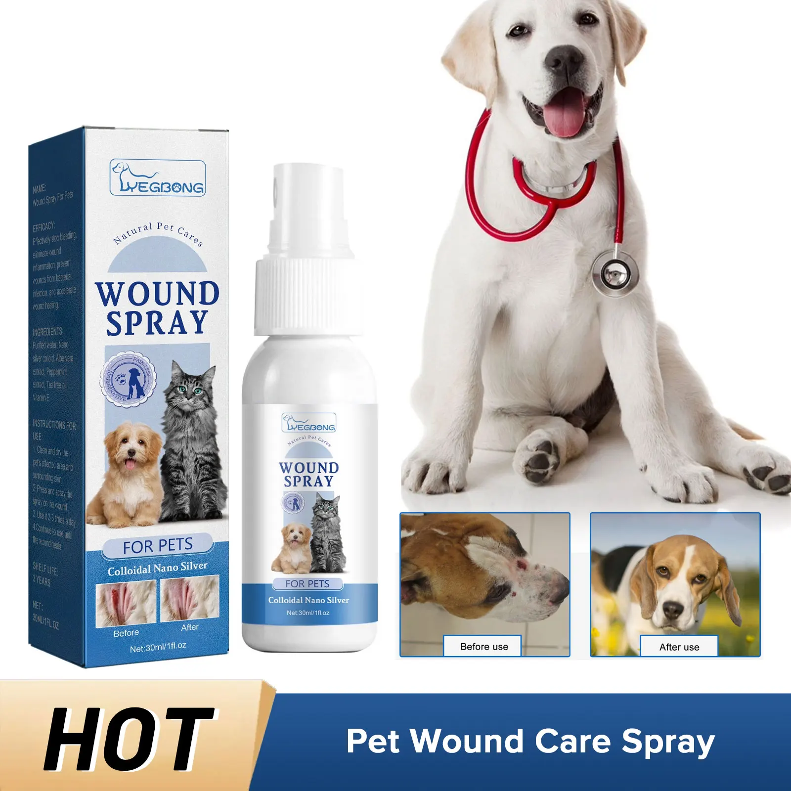 Pet Wound Care Spray Skin Wound Cleaning Itch Irritation Relief Reduce Bleeding Remove Bacteria Natural Dog Wound Healing Liquid цена и фото