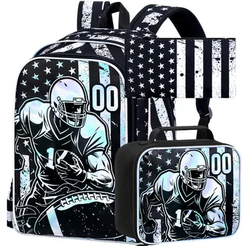 17" Football Backpack for Boys, 3Pcs Kids Water Resistant Preschool Bookbags,Cool Kindergarten School Backpacks with Lunch Box( 1