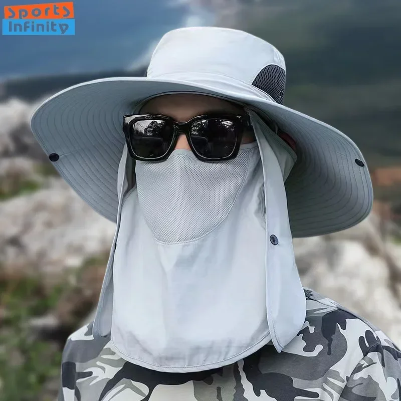 Men Sunshade Hat Big Eave Sunscreen Caps Outdoor Sports Sun Protection Hat Work Climbing Fishing Hiking Caps with Sunscreen Mask