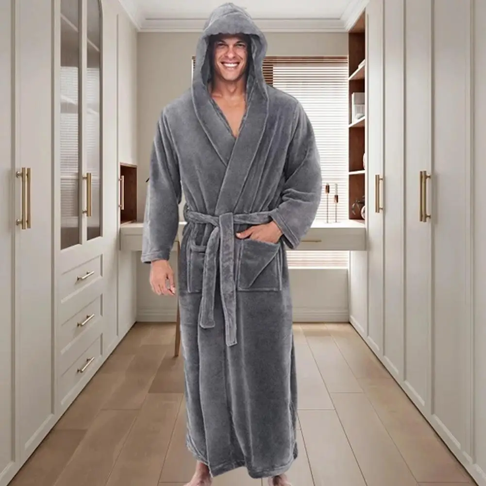 Cotton Bathrobe Flannel Robe Cozy Bathrobe Luxurious Men's Hooded Bathrobe with Adjustable Belt Ultra Soft Absorbent Male Robe with Pockets Plush Solid Color