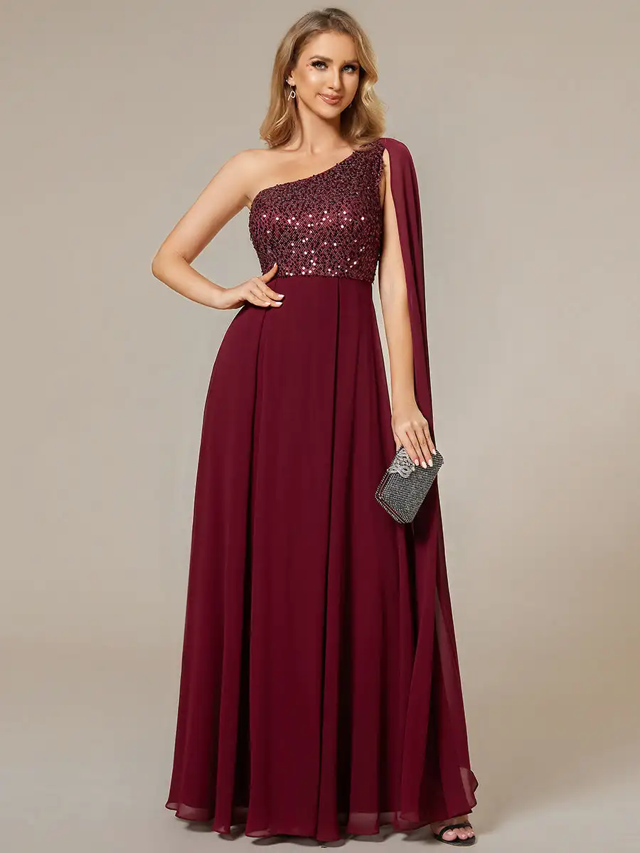 

Elegant Evening Dresses Bodice One Shoulder Sleeveless Shiny Sequin 2024 Ever pretty of A-Line Chiffon Burgundy Bridesmaid dress