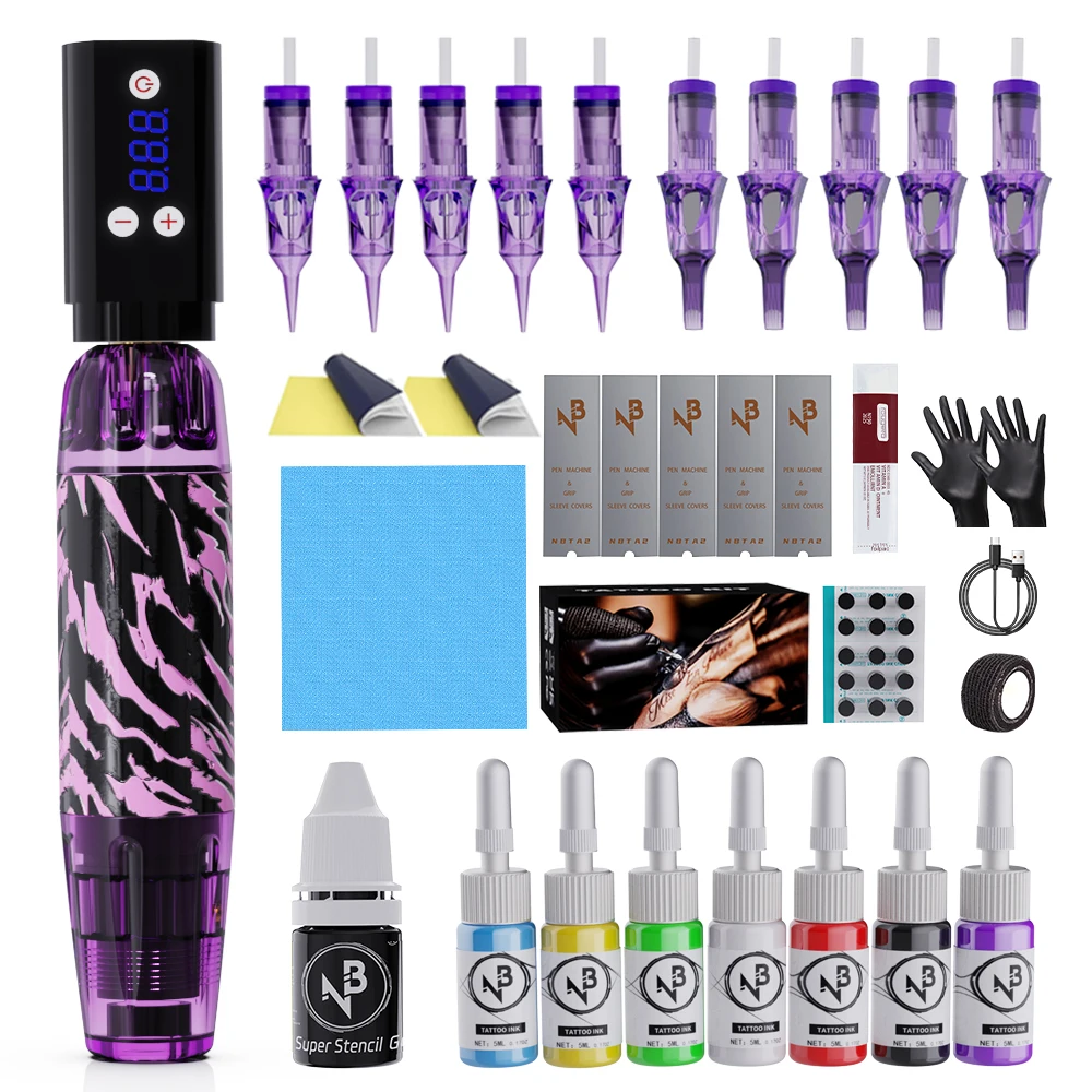 Tattoo Supplies Tattoo Kit Goldplume Complete Tattoo Kit Wireless Tattoo Machine Kit Gun Kit with 1500Mah Power Supply 10 Needles and 7 Bottles of Ink and Other Accessories Complete Kit Suitable for Beginners Masters