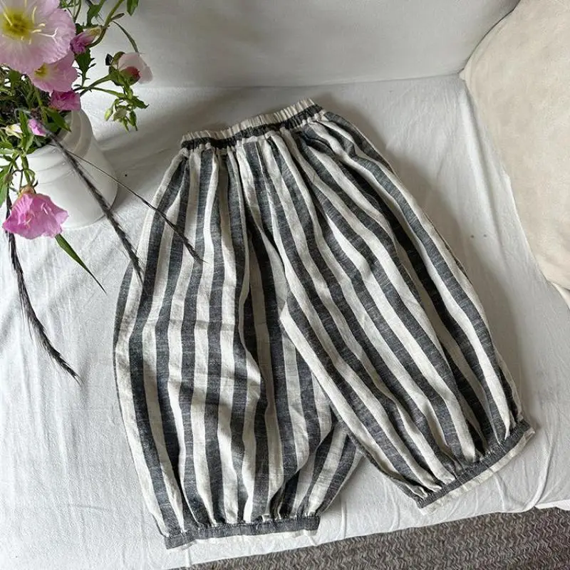 

2024 Summer New Children Loose Trousers Girls Lantern Pants Cotton Toddler Boys Striped Mosquito Proof Pants Kids Casual Pants