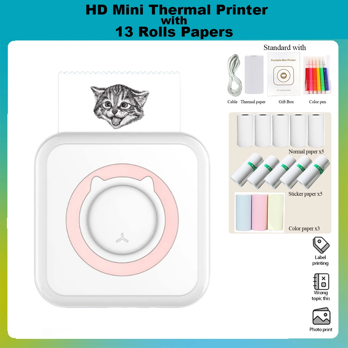 Description Picture 2 of item13 Rolls Printer Mixed paper Portable Thermal Printer for Pictures/Retro-Style Photos/Receipts/Notes/Lists/Label/Memo/QR Codes