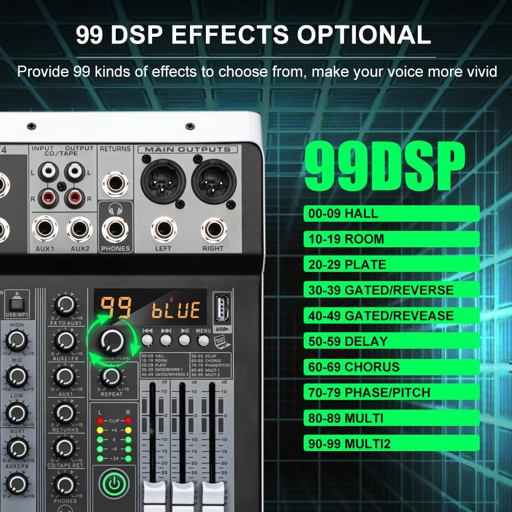 LEUS MX4 Channel 99 DSP Effect Audio Mixer Record PC 48V Phantom Power USB Sound Mixers Bluetooth DJ Console Mixing for Karaok audio mixer