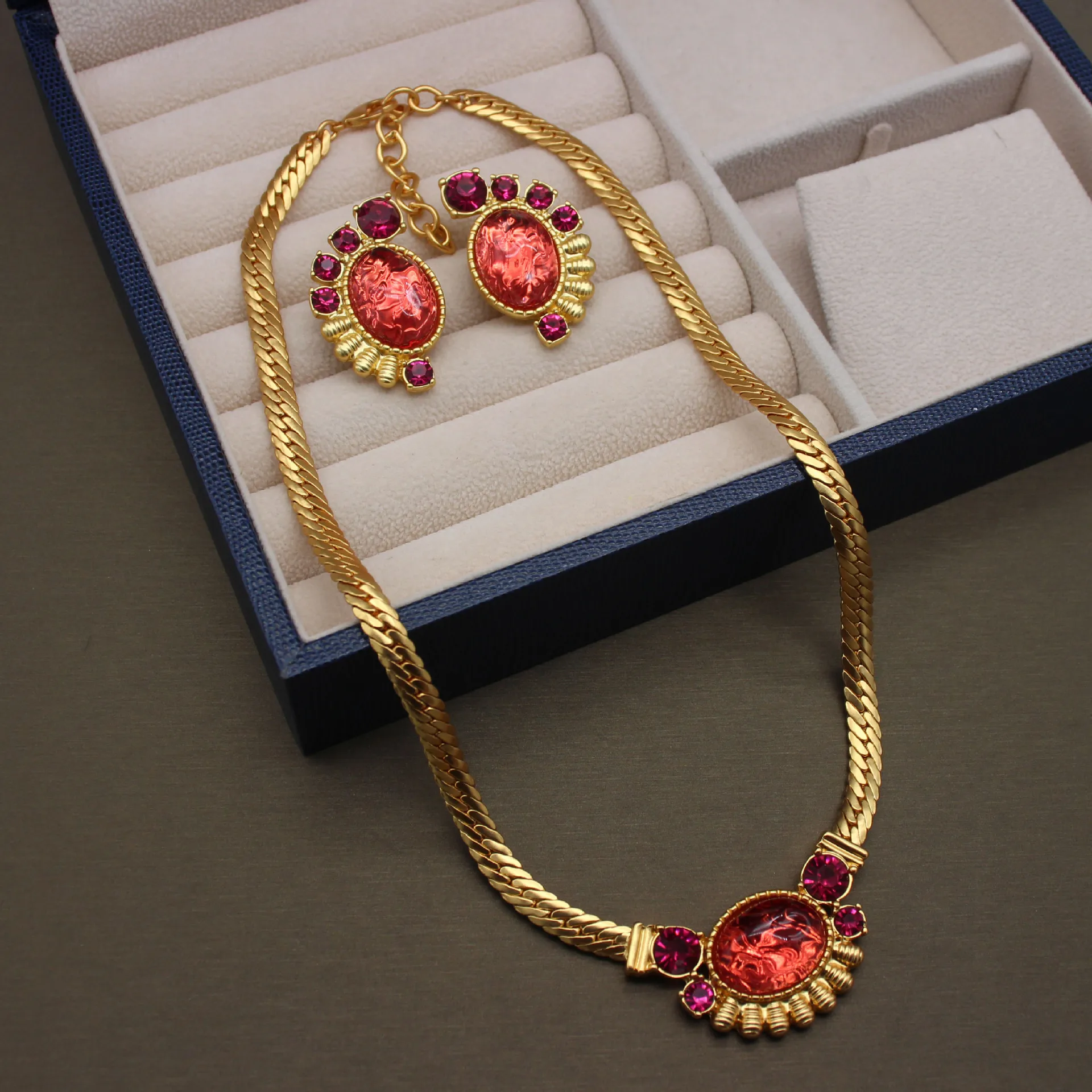 

Jewelry Glass Necklace Brass Plated Fog Real Gold Ear Clip Necklace Set