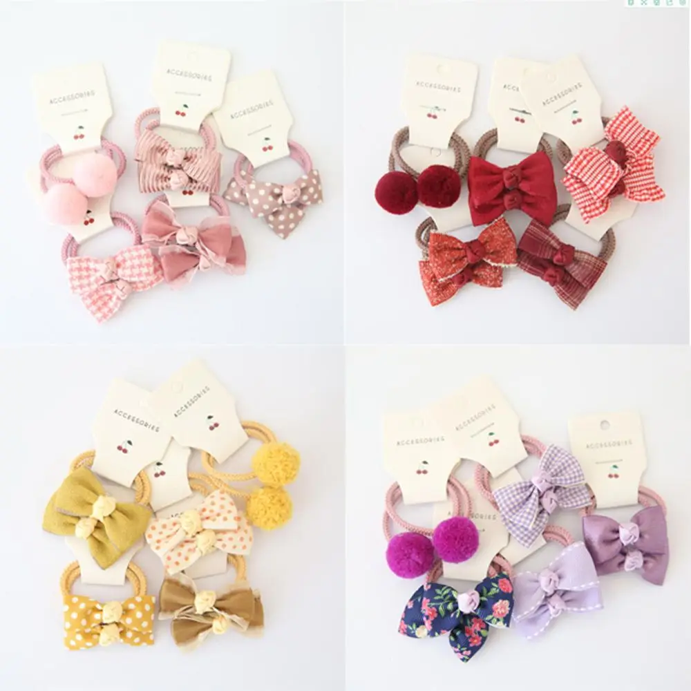10pcs Elastic Rubber Band Kids Girls Hair Ties Bowknot Small Plush Ball Gum Flower Headdress Scrunchies Children Hair Accessory
