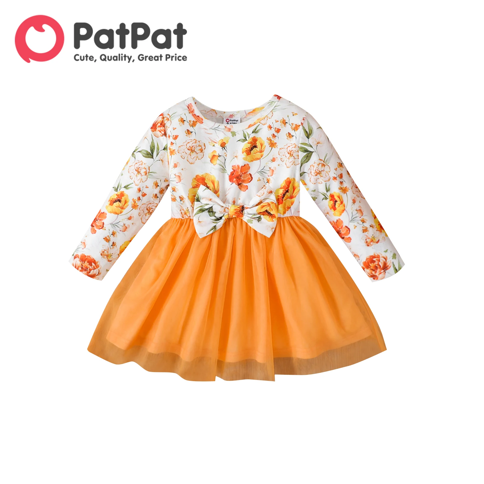 PatPat Baby Girl Floral Print Longsleeve Bow Front Mesh Dress