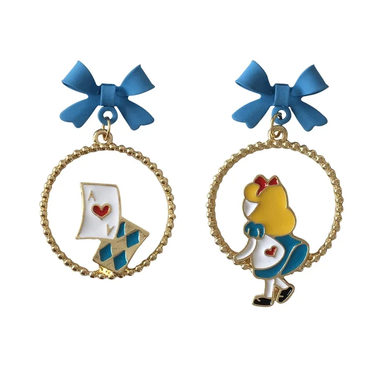 S925 Needle Cute Alice Running Princess Fairy Tale Asymmetric Bow Mermaid Enamel Earrings for Women drop earrings dangle earrings