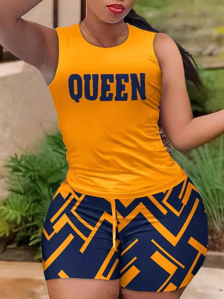 2025 New Women Printed Short Sets Two Piece Set Tracksuit Sleeveless Round Neck Vests Drawstring Trousers Set Suits Summer Beach
