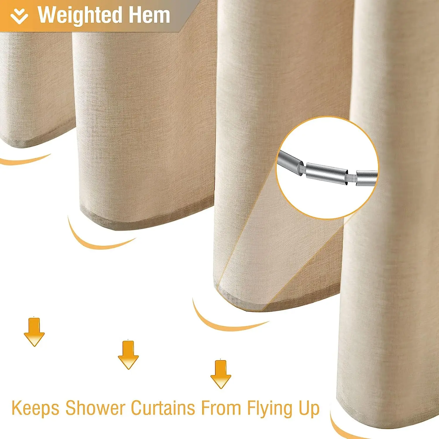 Linen Shower Curtain Bathroom Waterproof Thick Fabric Bath Curtains Bathtub Large Bathing Cover with Silver Metal Hooks