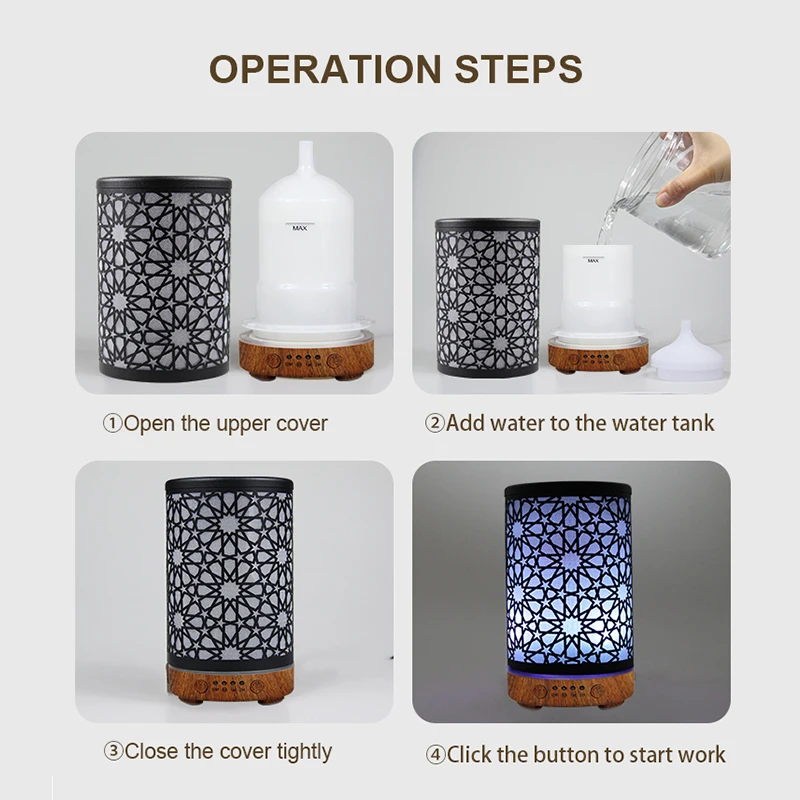 타이밍 기능 100ml 전자 가습기 에센셜 오일 디퓨저 기계 LED 야간 조명이있는 습도 제어 보조 장치