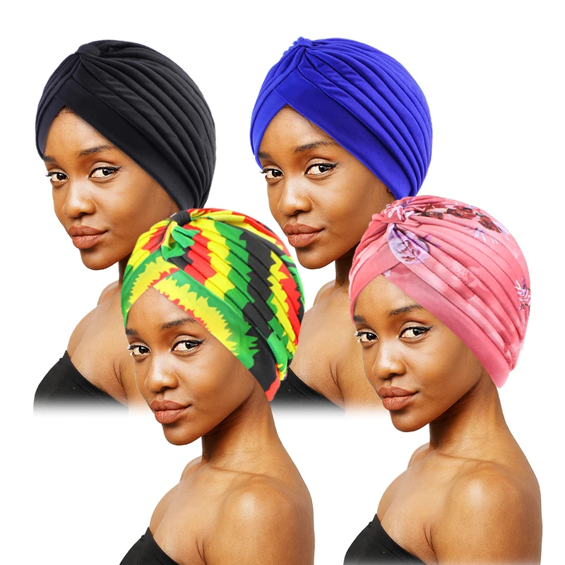 4PCS/LOT Women Suit Headscarf Colourful Printed Solid Color Turban Hat Indian Hat Lady Fashion Wrap Head Beauty Chemotherapy Cap new fashion elegant chiffon lady s shawl cap headscarf hat elastic head with chemotherapy cap for women hair accessories