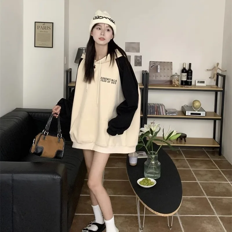 Fashion Printed Spliced Pockets Hooded Sweatshirts Female Clothing 2023 Autumn Winter Oversized Casual Tops Korean Sweatshirts