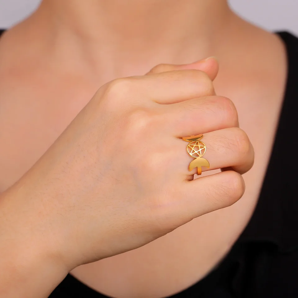 Kkjoy Anello Tripla Luna In Acciaio Inox – Gioiello Wicca Pentagramma Per Donne E Ragazze