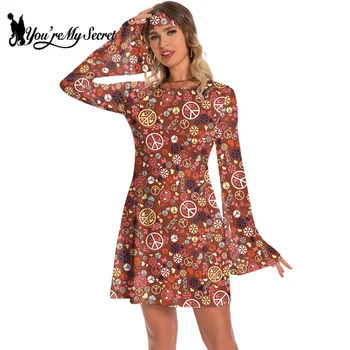 [You're My Secret] Women 70s Floral Printed Disco Dress Hippie Clothes Accessories Halloween Dance Costumes Holiday Clothes