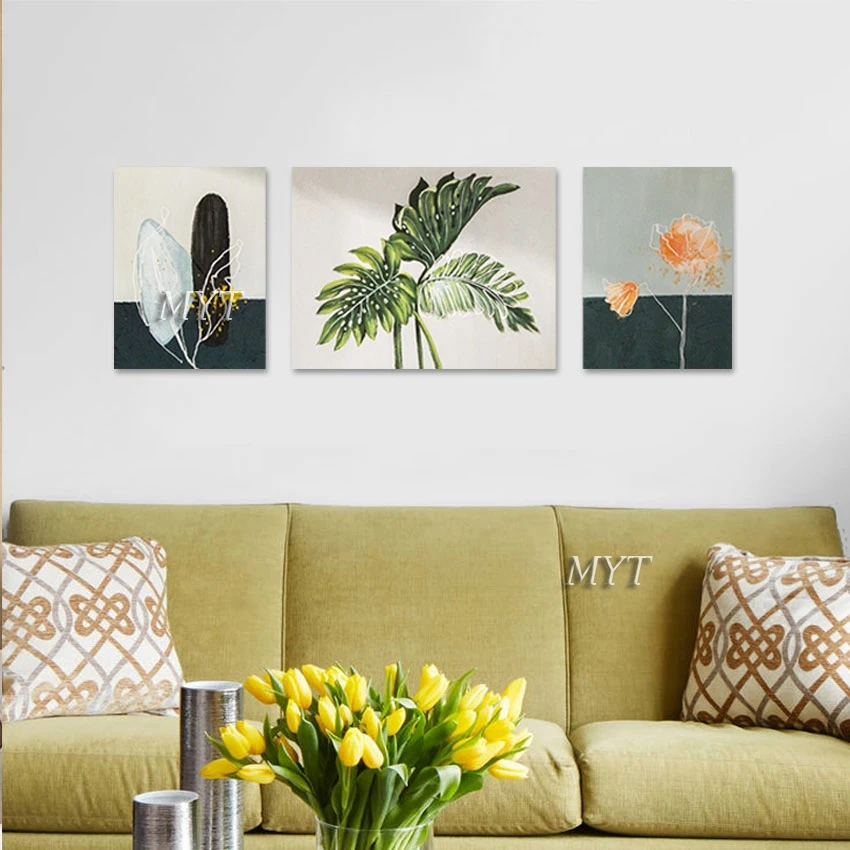 

Abstract Living Room Pictures For Walls Art Canvas No Frame 3PCS Leaf With Flowers Pictures Group Oil Painting Home Decoration