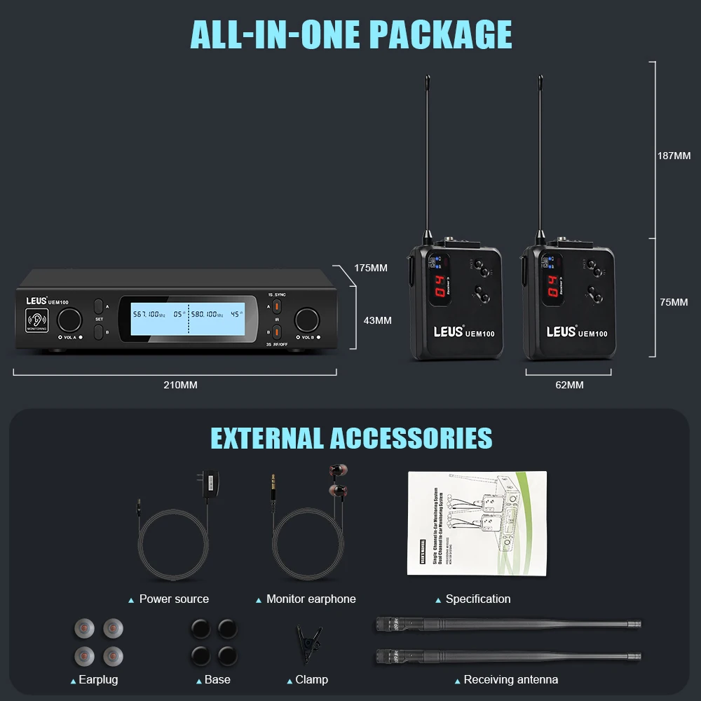LEUS UEM100 UHF Mono Single Channel Wireless In-Ear Monitor System 100m Transmission Distance for DJ Stage Performance Studio