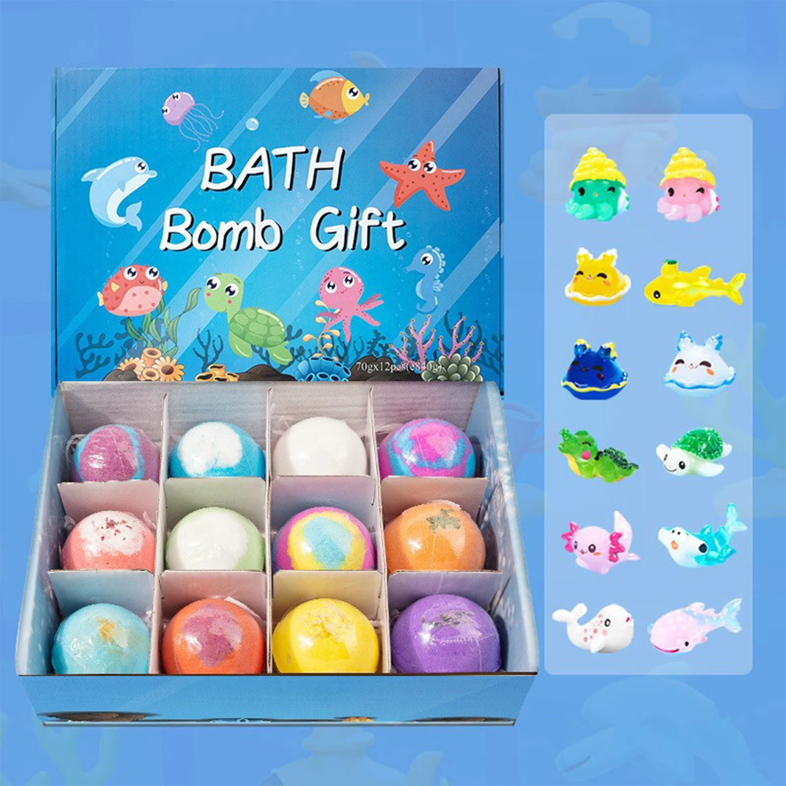 Ocean-Themed Bath Bomb Gift Set - 12 Handmade Bubble Bath Balls with Surprise Sea Animal Toys Inside, 60g Each