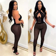 

2022 New Sexy Backless Halter Top + Pencil Pants Sequin Suit Women's SeeThrough Nightclub Clothes Two Piece Set Sexy Outfits
