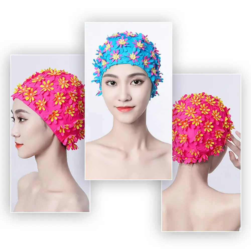 Pearl Floral Petal Swim Cap Flower Long Hair Swimming Cap Lightweight Vintage Style Flower Swimming Cap Water Sports 3