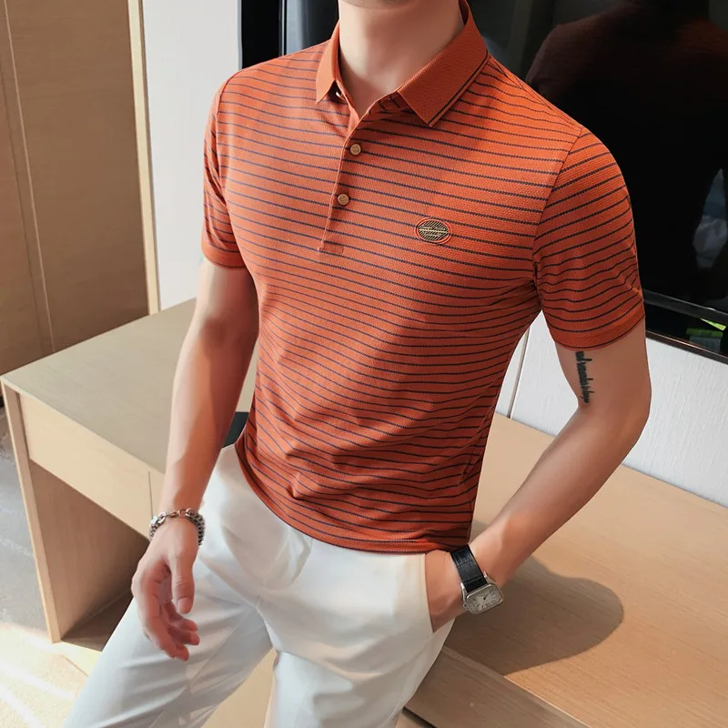 

2023 British Style Polo Shirt Summer Fashion Men Short Sleeve Thin Elastic T-shirt Man Stripe Hit Color Slim Fit Business Polos