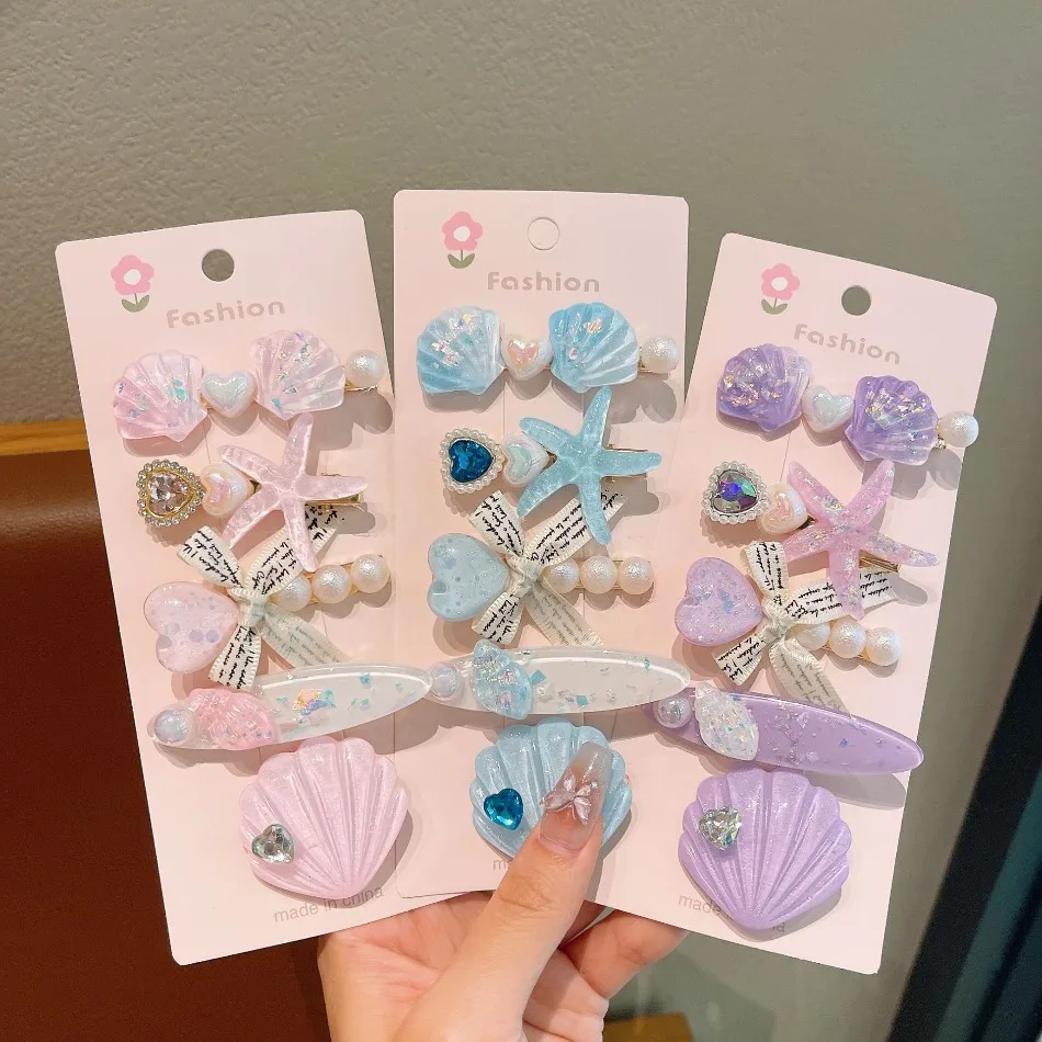 5Pcs 새로운 진주 쉘 불가사리 헤어 클립 공주 머리 장식 인어 머리핀 헤어 액세서리 오션 시리즈 뱅 클립 소녀 HP01