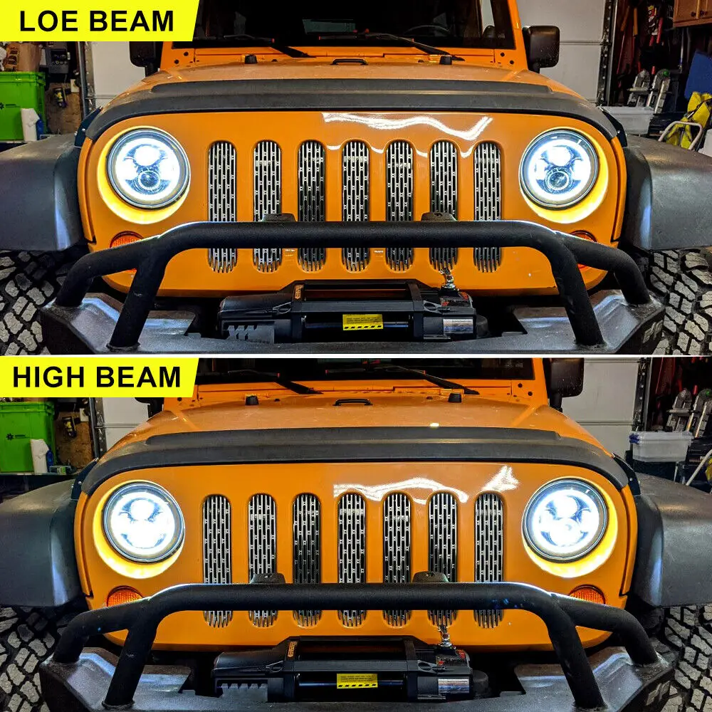 7-Zoll-LED-Scheinwerfer H4 Hi-lo mit Halo Angel Eyes für Lada 4x4 Urban  Niva Jeep Jk Land Rover Defender Hummer