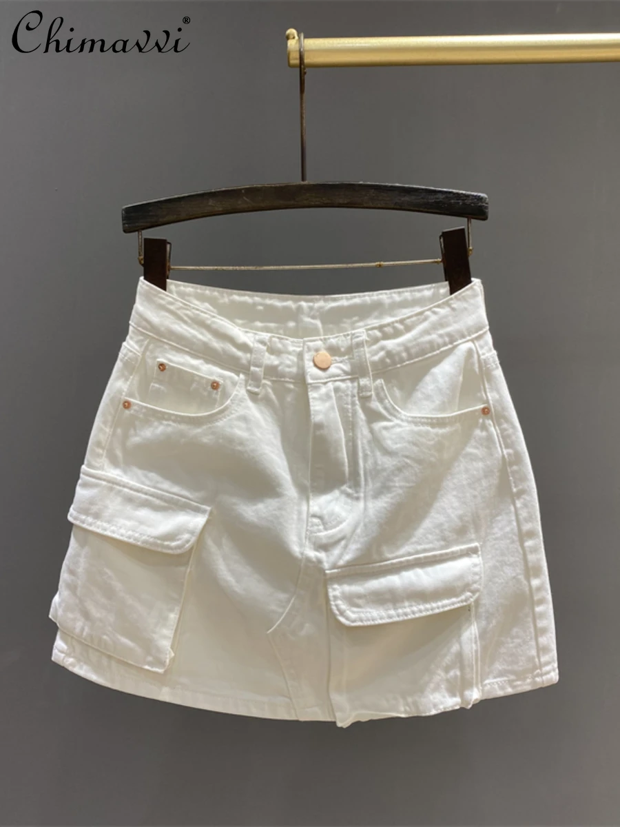 2024 Summer New Fashion High Waist Slim White A- Line Sheath Skirt Three-Dimensional Workwear with Pocket Denim Skirt for Women fenice barber shop beautician high worsted workwear waterproof and dirty resistant personalized fashion apron hairdressing apron