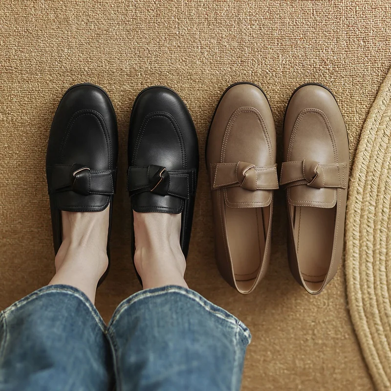 Sheepskin Korean Bow Lefu Shoes 2024 Spring/Summer New Round Head Comfortable Flat Bottom Deep Mouth Single Shoes for Women