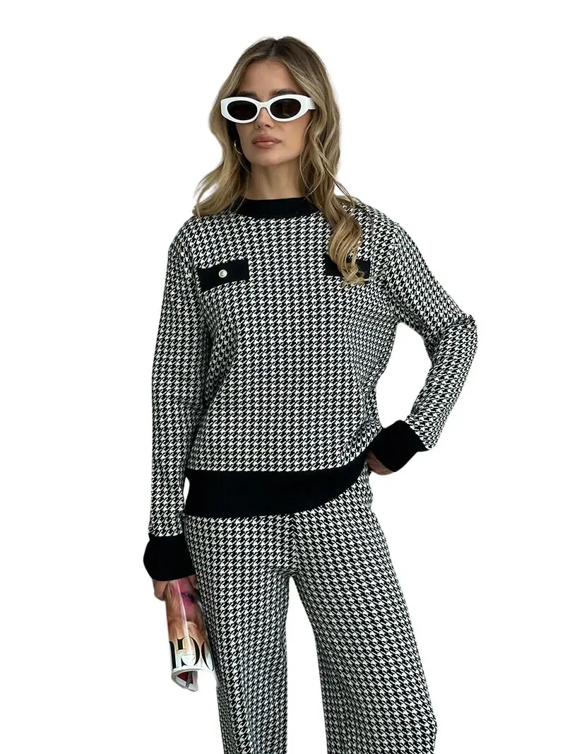 

Houndstooth Plaid Knit Sweater Pant Matching Sets 2 Piece Winter Sets Women Loungewear Tracksuit Knitted Two Piece Women Sets