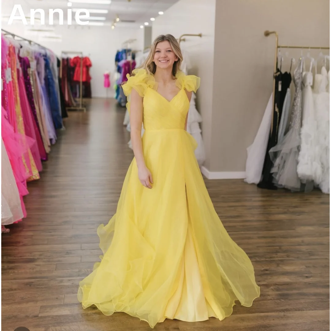 

Annie V-neck Tulle Prom Dresses Yellow A-shaped Evening Dress Vestidos De Noche Corset And Di Formal Occasions Party Dress