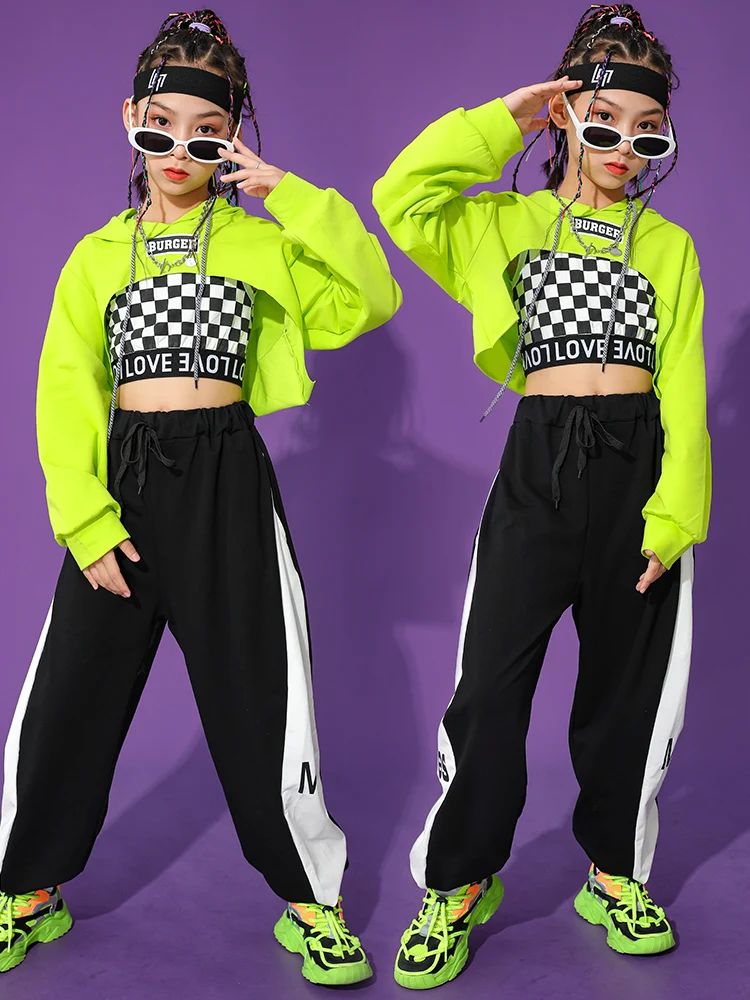 Kids Hip Hop Clothing Girls Modern Jazz Dance Costume Green Long Sleeves Tops Black Pants Streetwear Concert Stage Outfit BL9011