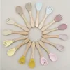 2PCS Silicone Spoon Fork For Baby Utensils Set Baby Feeding Spoon Cutlery Food Grade Material Wooden Handle Spoon Baby Items 5