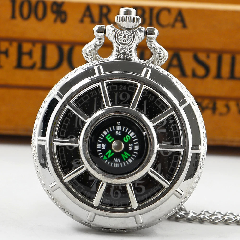 

Silver Compass Decorative Design Quartz Pocket Watch Men's Punk Vintage Necklace Gift reloj de bolsillo hombre