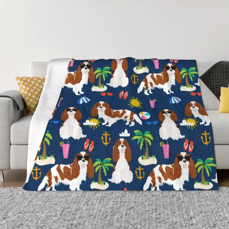 

Cavalier King Charles Spaniel Dog Blanket Fleece Flannel Beach Day Tropical Vacation Social Sunshine Throw Blanket Spring Autumn