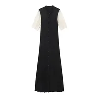 Robe longue tricotée pour femmes, élégante, décontractée, col rond, couleur unie, manches courtes, boutons, taille haute, fendue, nouvelle mode féminine 5
