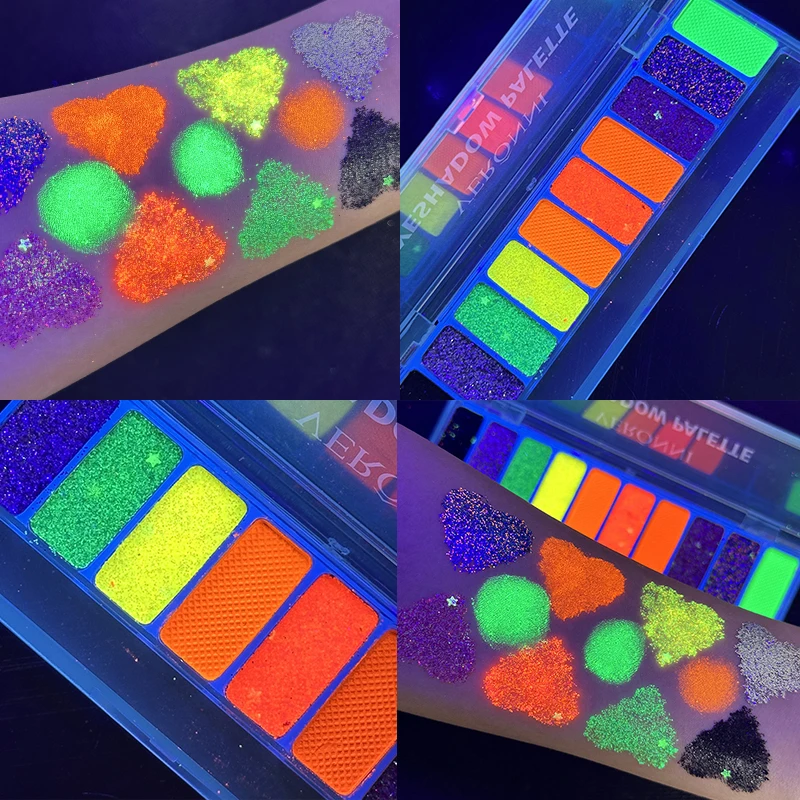 Blacklight UV Glow in Dark Fluorescent Eyeshadow Palette Stage Clubbing Neon Makeup Palette 10Colors Pigment Luminous Eye Shadow